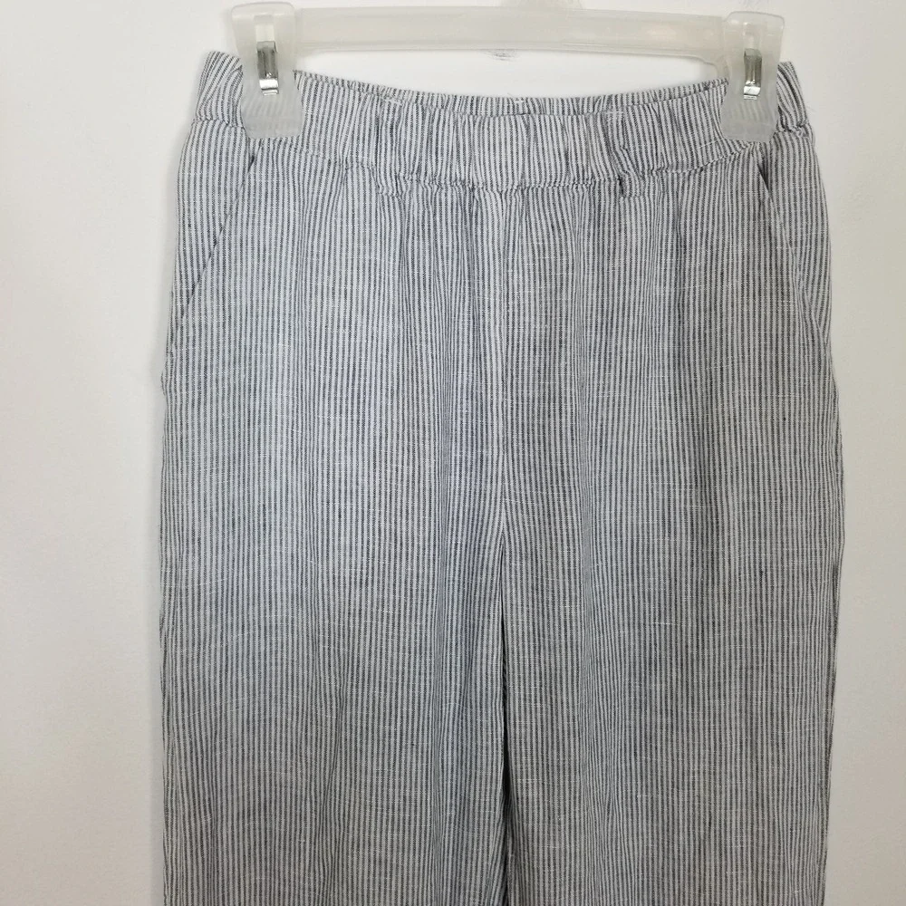 Quince‎ Women Linen Striped Pants Sz XS Blue White Elastic Waist Cropped Boho